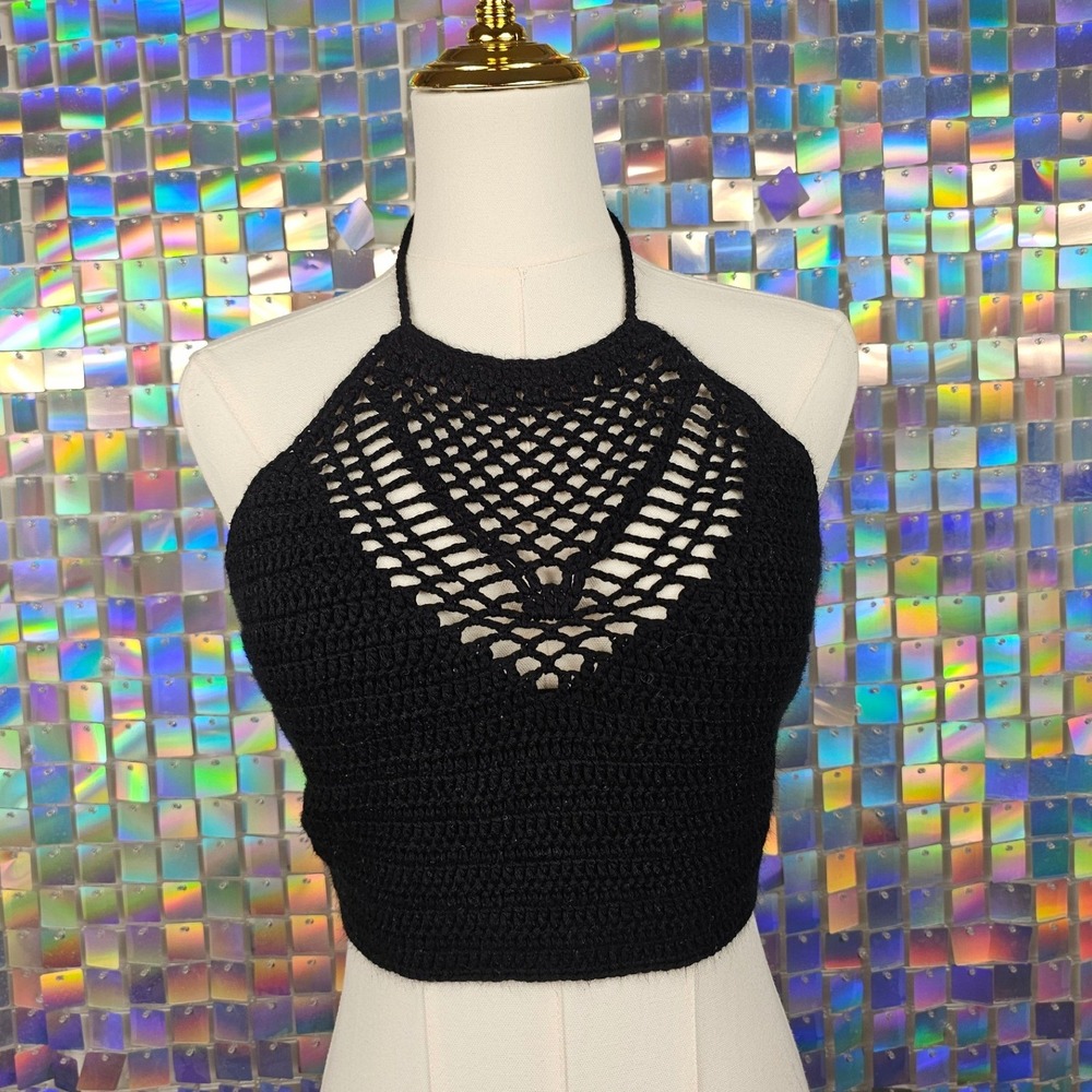 Full Tilt Crochet Halter Top Womens Large Black‎ Knit Lined Boho Festival  Beach